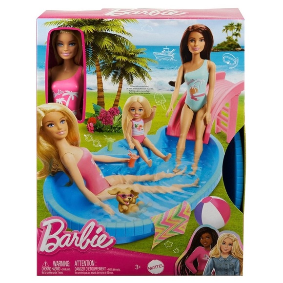 Barbie Doll and Pool Playset Blonde with Pool, Slide, Towel & Drink Accessories - Picture 5 of 6